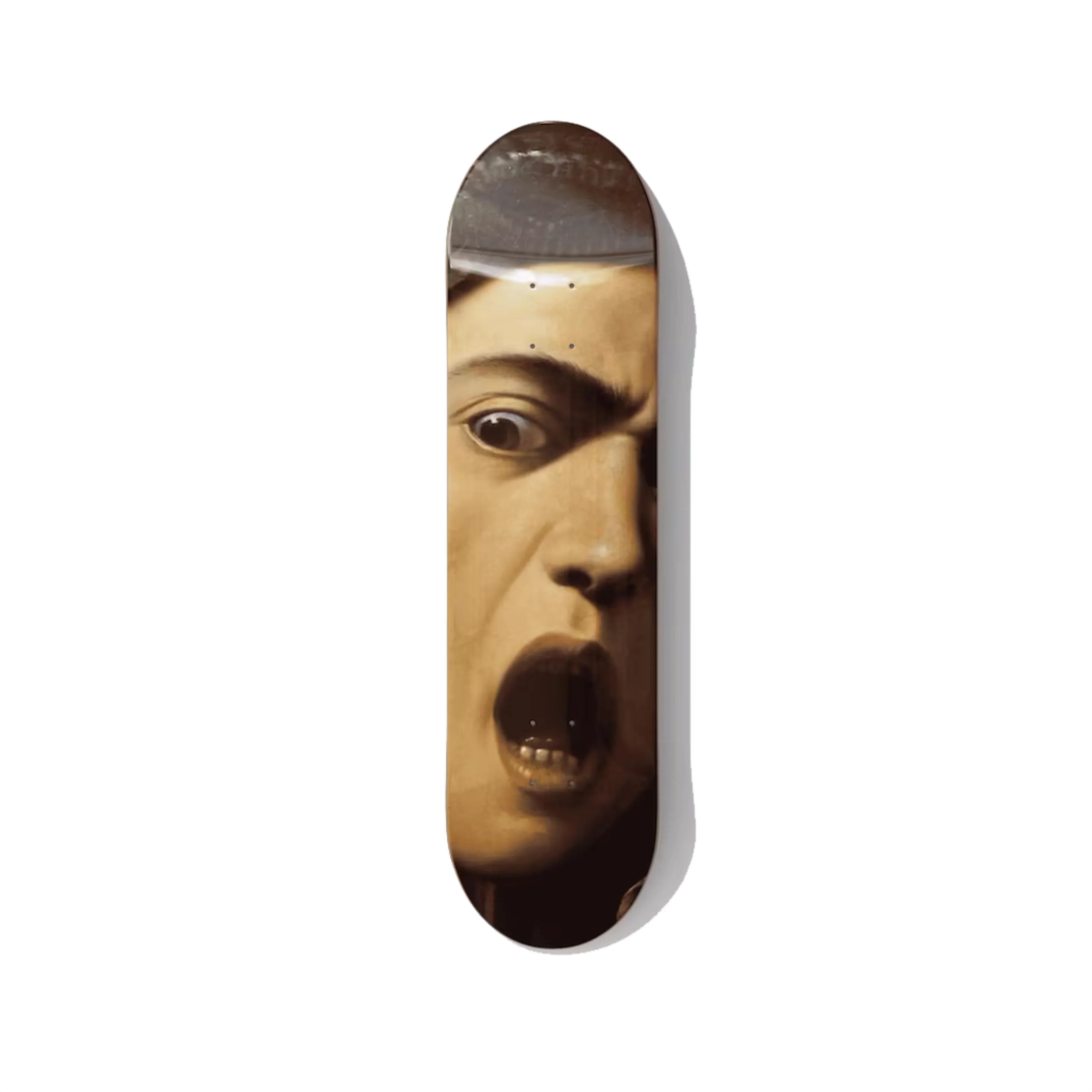 Caravaggio Medusa skateboard wall art on Canadian maple — tenebrism Baroque dark palette — DeckArts Berlin