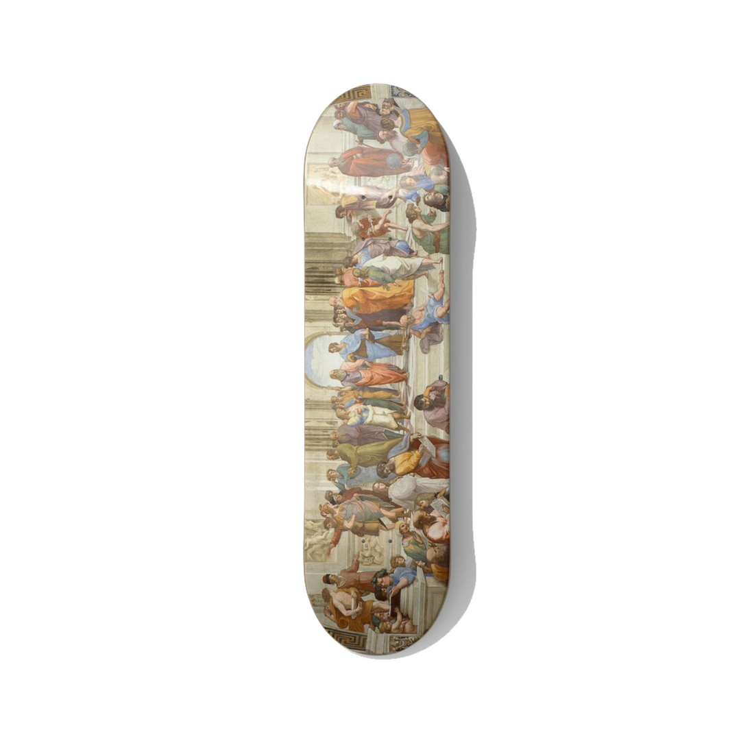 Skateboard wall art above a console sideboard 2026 DeckArts Berlin anchoring the vignette hang it or lean it slim above a shallow console sizing to the furniture Great Wave golden Klimt School of Athens