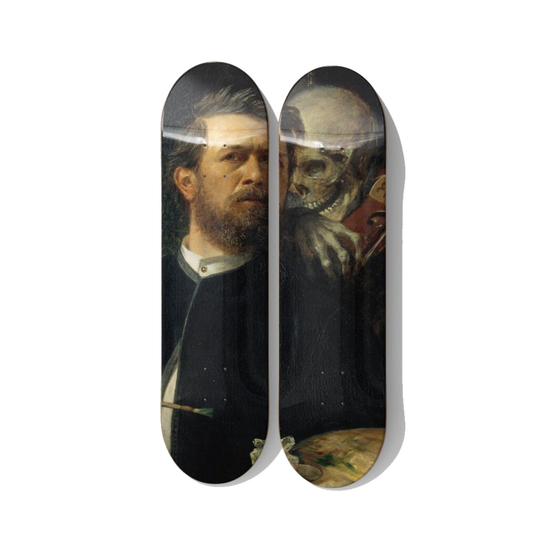 Skateboard wall art for a dark and moody maximalism home 2026 DeckArts Berlin deep dramatic walls most flattering backdrop chiaroscuro Caravaggio Goya warm maple glows against the dark brooding intensity