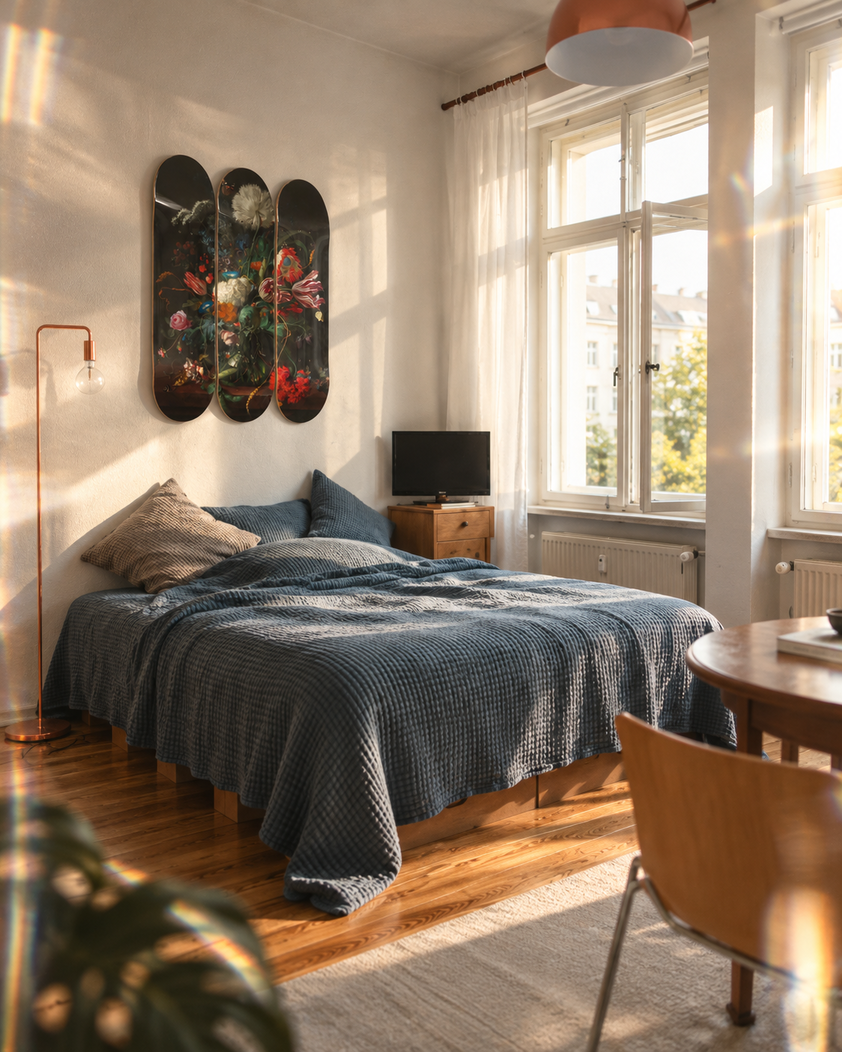Skateboard wall art set of 3: a Dutch flower still life triptych on three dark decks above a bed in a sunny bedroom with tall windows and a copper floor lamp