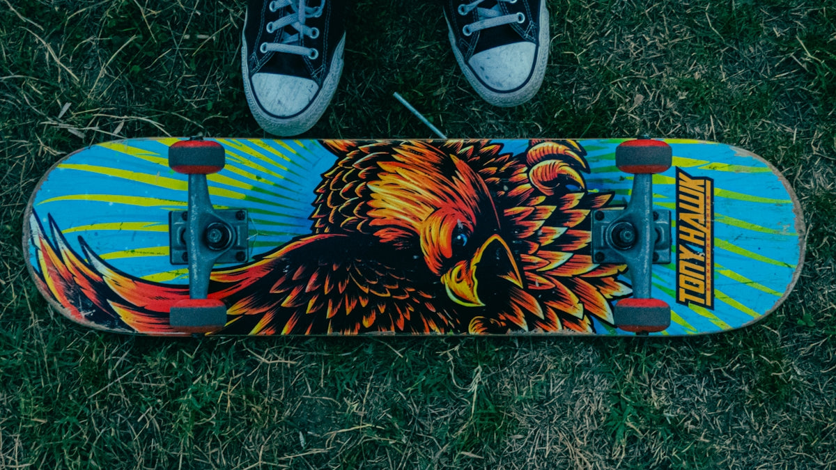 a skateboard on the grass