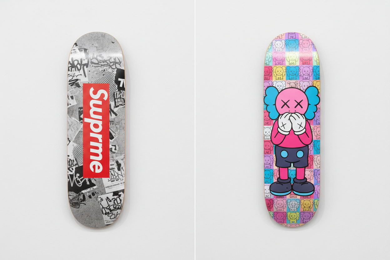  Supreme vs KAWS Skateboard Deck Art Comparison