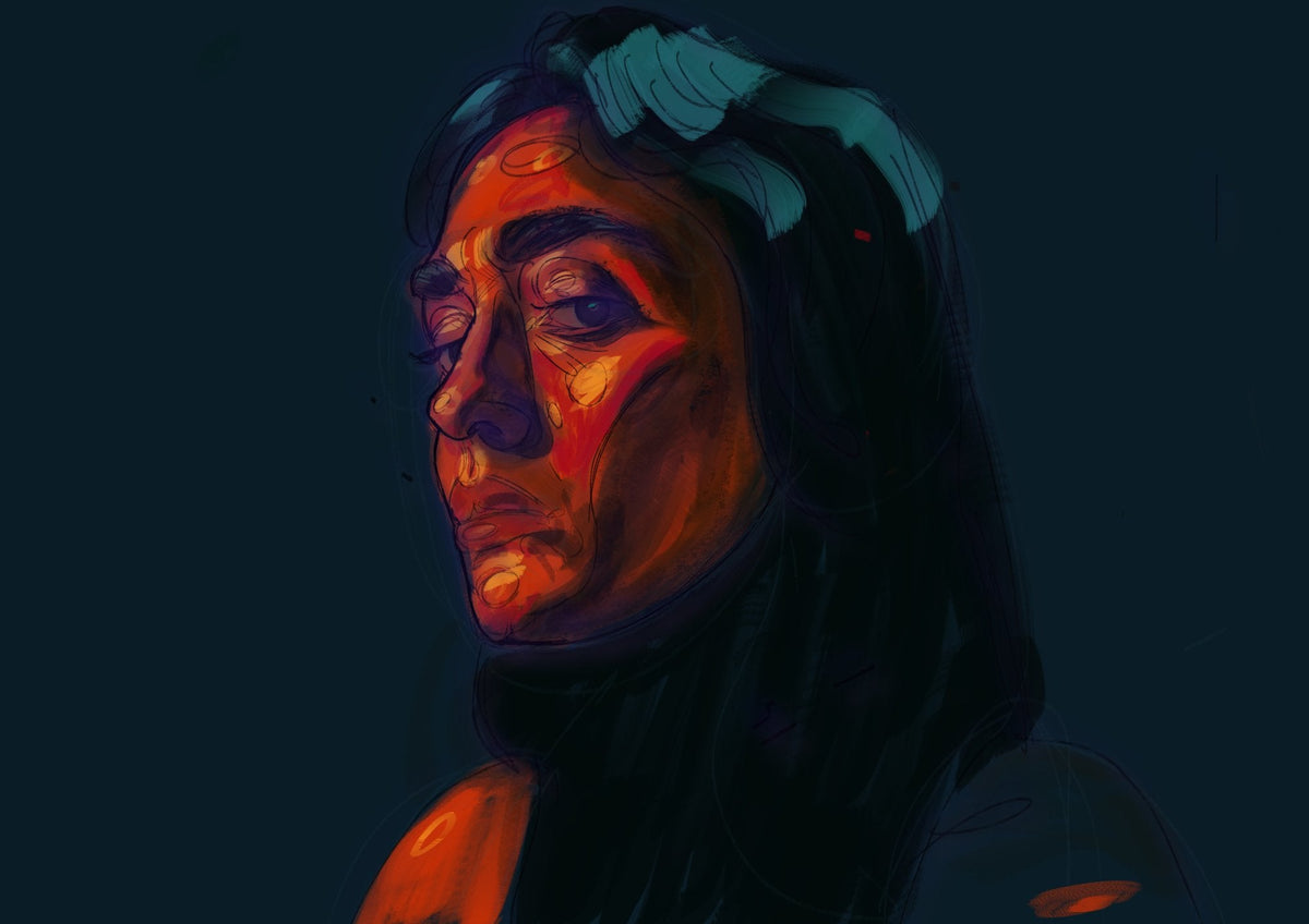 Ziva Hardaway expressive portrait of a woman with long dark hair, her face lit in orange against a dark blue background