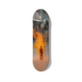 Conceptual skateboard wall art featuring a burning human figure surrounded by a crowd, symbolic fire art printed on a premium skateboard deck for modern interiors