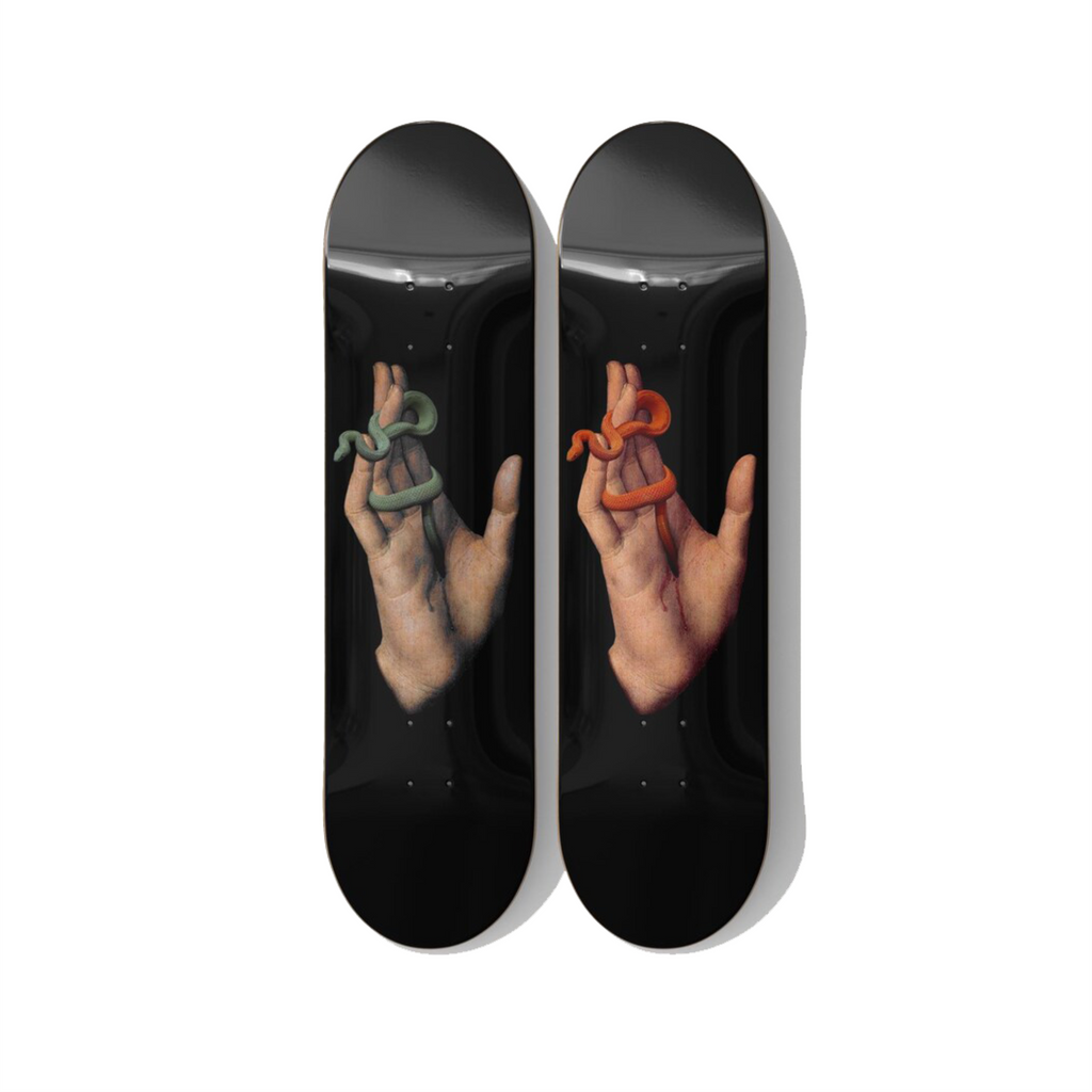 Hand with Serpent – Renaissance Surrealism Skateboard Deck Diptych Wall Art – Premium Canadian Maple Deck - deckarts.com