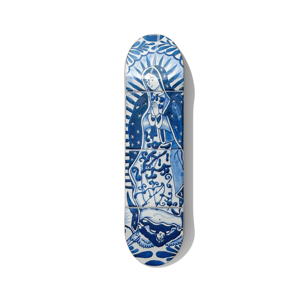 Blue Madonna azulejo ceramic style artwork printed on skateboard deck, sacred blue and white religious wall art for modern interiors