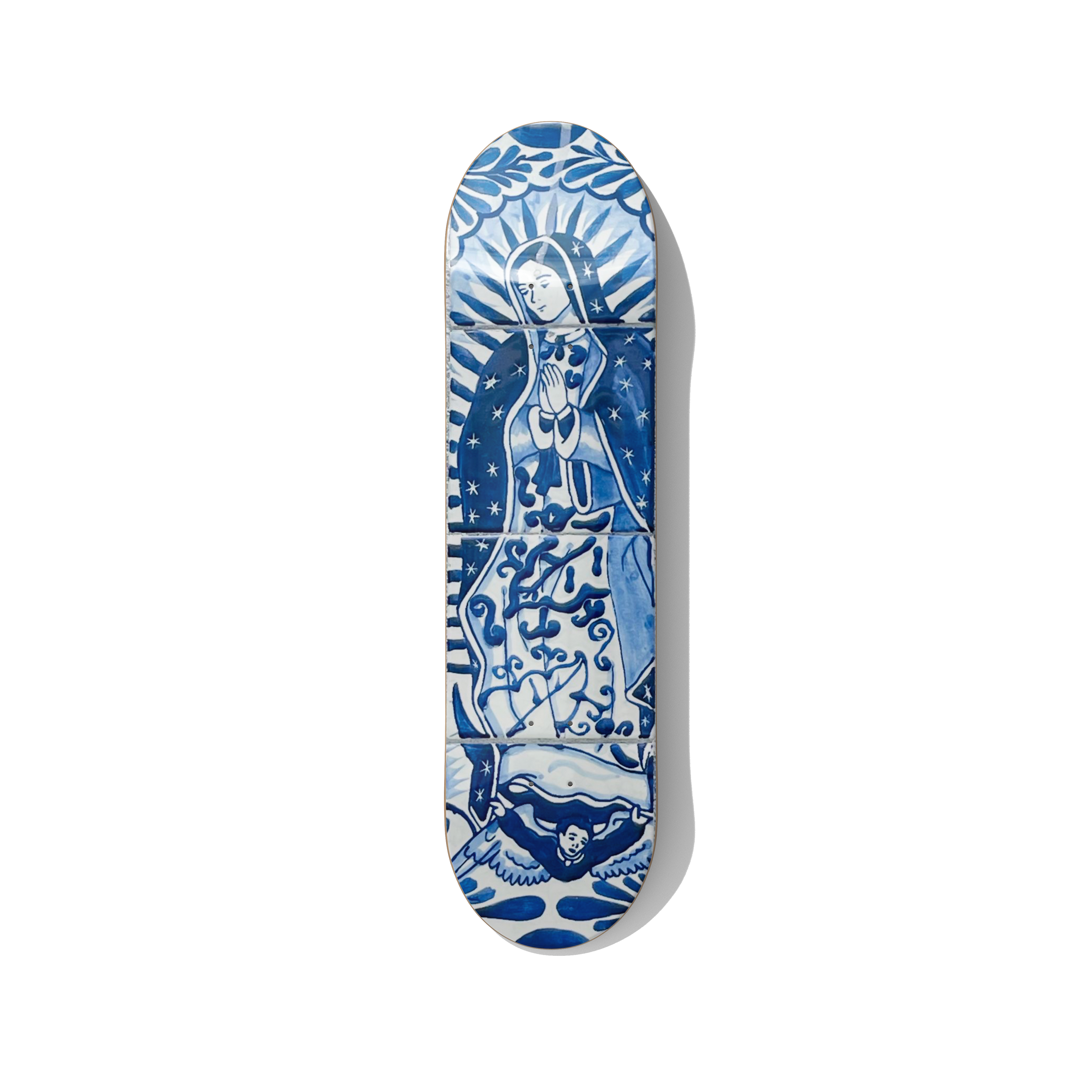 Blue Madonna azulejo ceramic style artwork printed on skateboard deck, sacred blue and white religious wall art for modern interiors