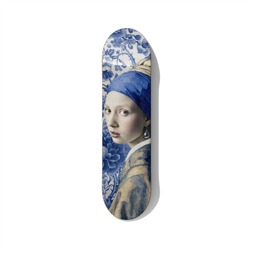 Girl with a Pearl Earring Delft blue skateboard wall art on premium Canadian maple deck