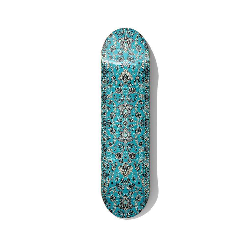Turquoise Persian carpet pattern printed on skateboard deck, vintage rug inspired skateboard wall art for modern interiors