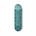 Turquoise Persian carpet pattern printed on skateboard deck, vintage rug inspired skateboard wall art for modern interiors