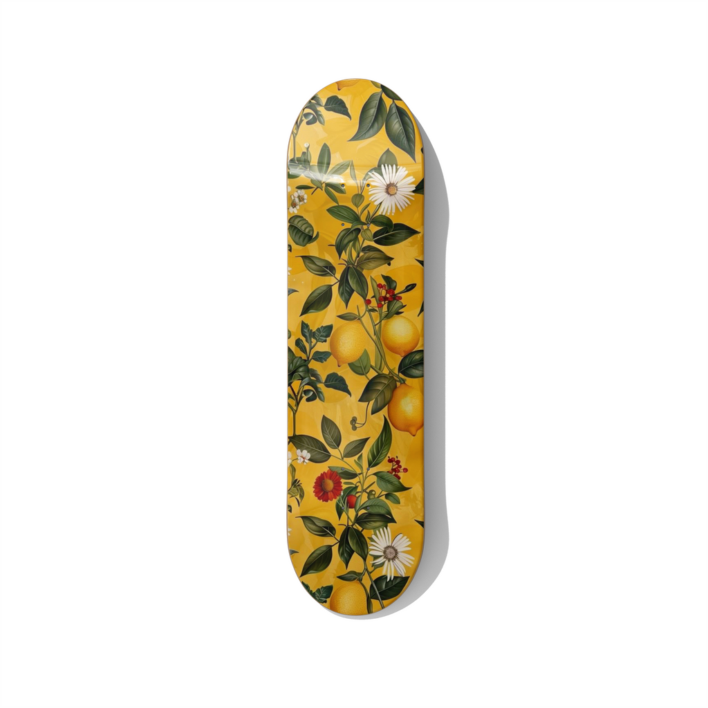 Skateboard wall art featuring lemon botanical illustration with flowers and leaves, vintage floral artwork printed on skateboard deck for bright modern interiors