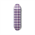 Skateboard wall art with classic plaid tartan pattern in blue, red and white, minimalist geometric design printed on skateboard deck for modern interior decor