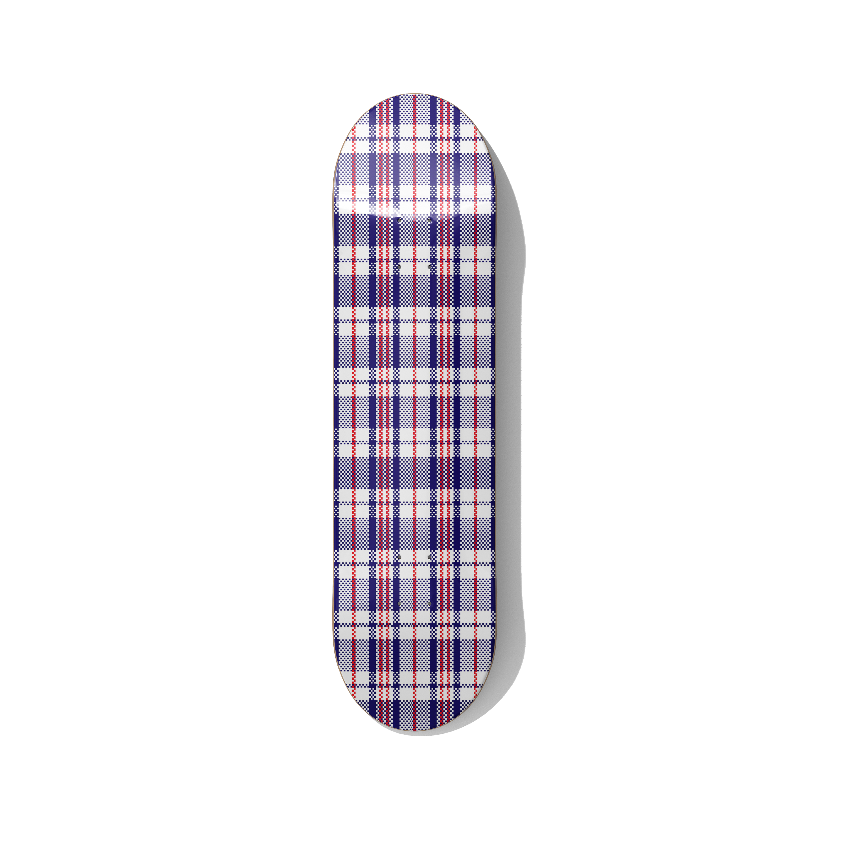 Skateboard wall art with classic plaid tartan pattern in blue, red and white, minimalist geometric design printed on skateboard deck for modern interior decor