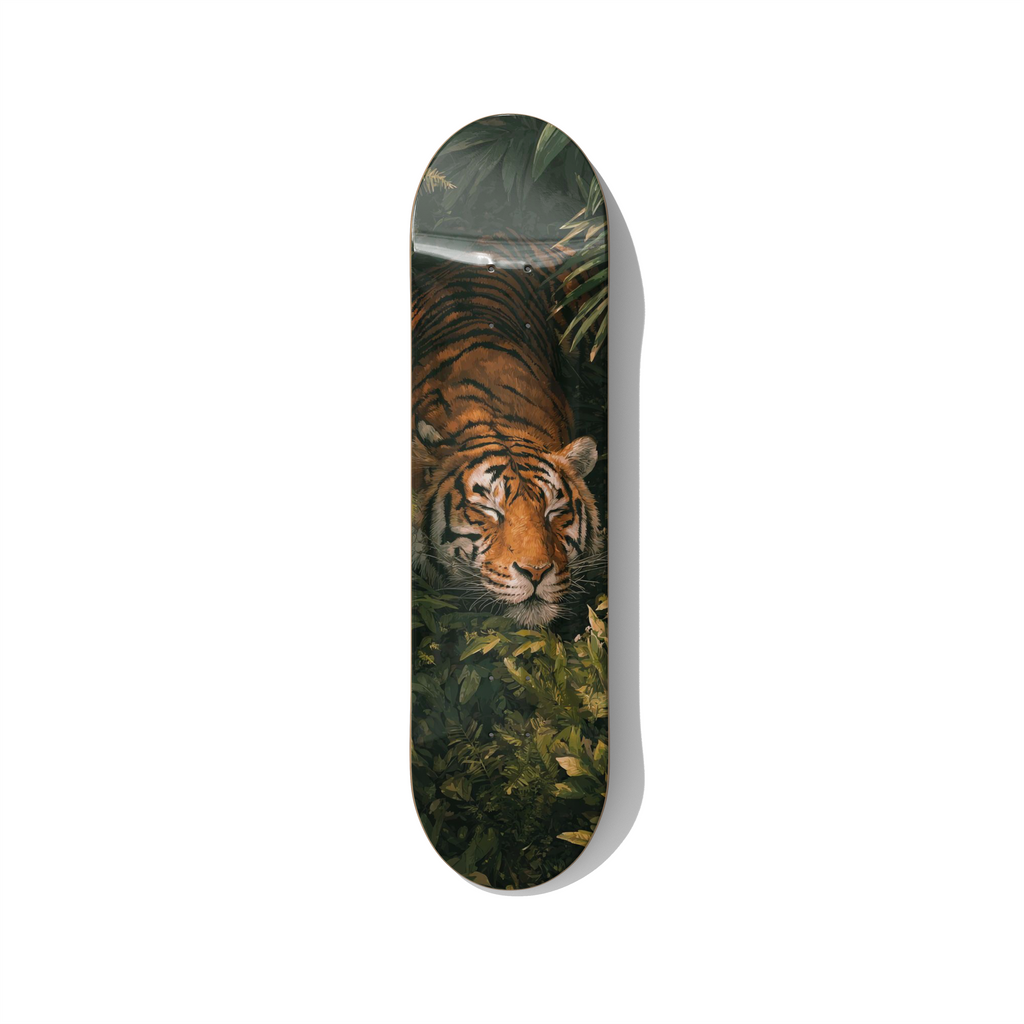 Tiger skateboard wall art featuring a realistic Bengal tiger hidden in lush jungle foliage, wildlife design printed on skateboard deck for modern interior decor