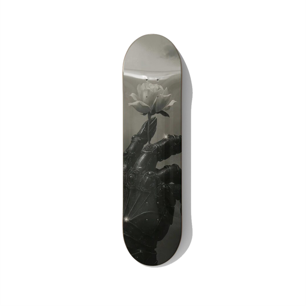 Mechanical Gauntlet Holding Rose Skateboard Wall Art - Premium Canadian Maple Deck - deckarts.com