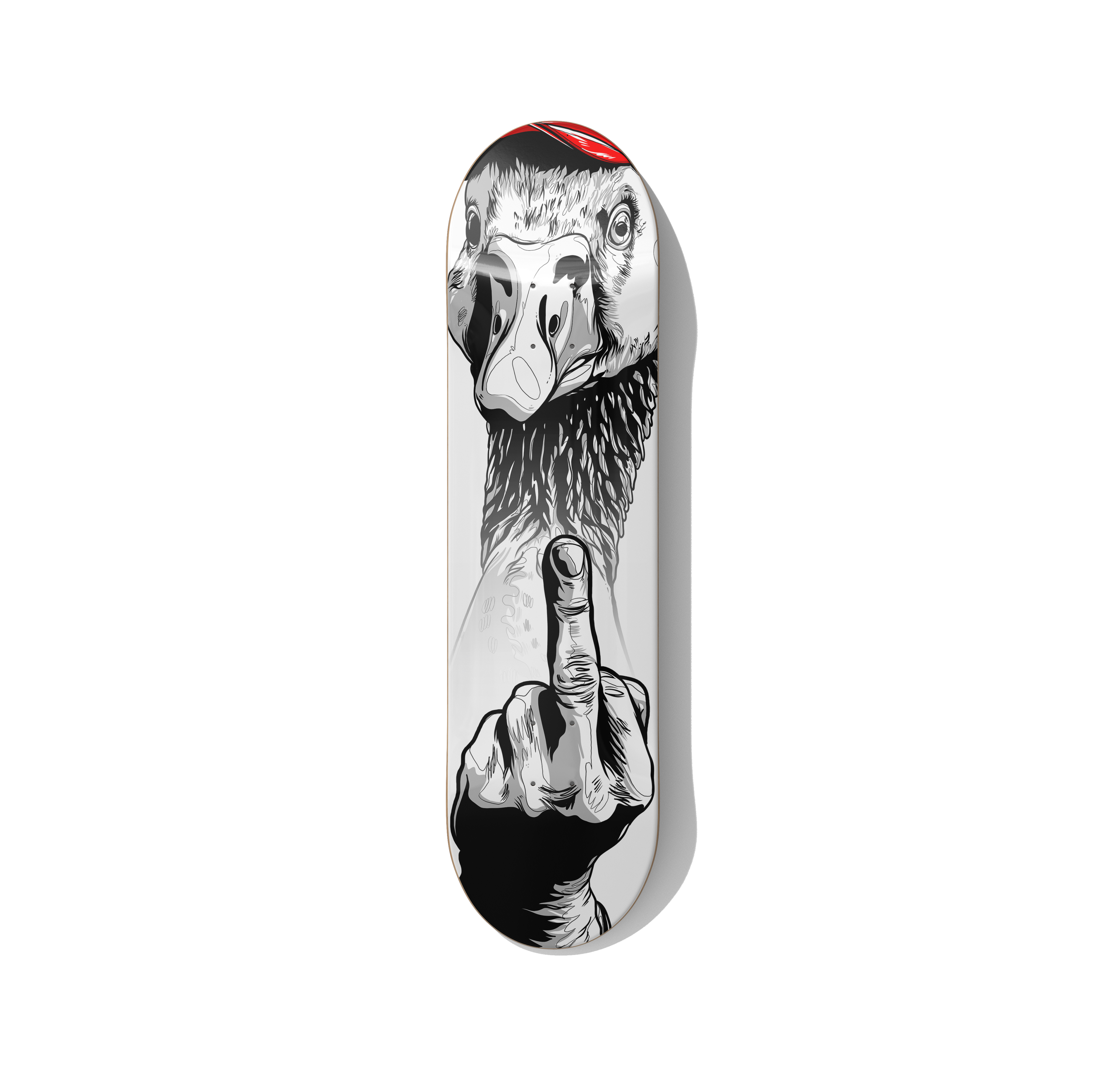 Duck You skateboard wall art by Stefano Borella featuring a black-and-white vulture-like bird raising its middle finger with a red accent