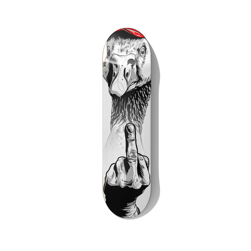 Duck You skateboard wall art by Stefano Borella featuring a black-and-white vulture-like bird raising its middle finger with a red accent