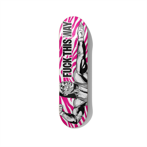 For the Future? skateboard wall art by Stefano Borella featuring a black-and-white illustrated figure, pink striped background and bold vertical text