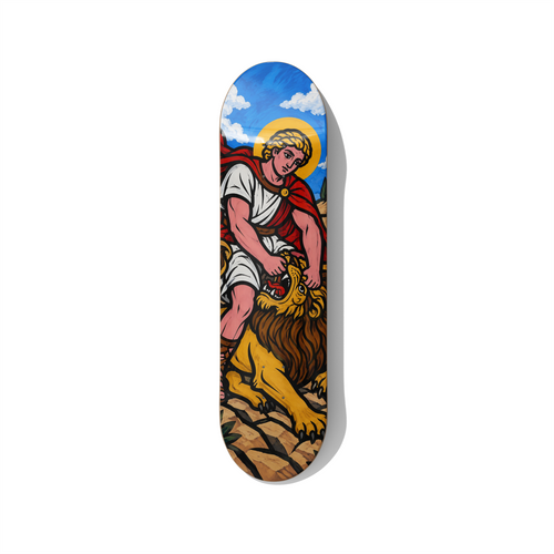 Samson and the Lion biblical series skateboard wall art on premium Canadian maple deck