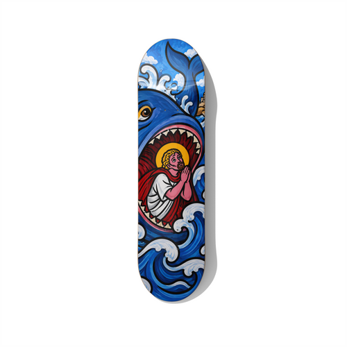 Jonah and the Whale biblical series skateboard wall art stained glass style on premium Canadian maple deck