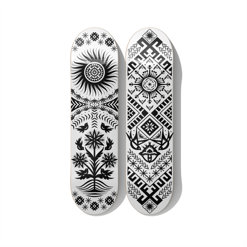 Baltic folklore Nature's Dance and Sunrise skateboard deck diptych wall art on Canadian maple