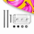 Clear acrylic skateboard wall mount kit: two steel rods, wall screw, nuts and black cap nuts beside a pink-banana deck