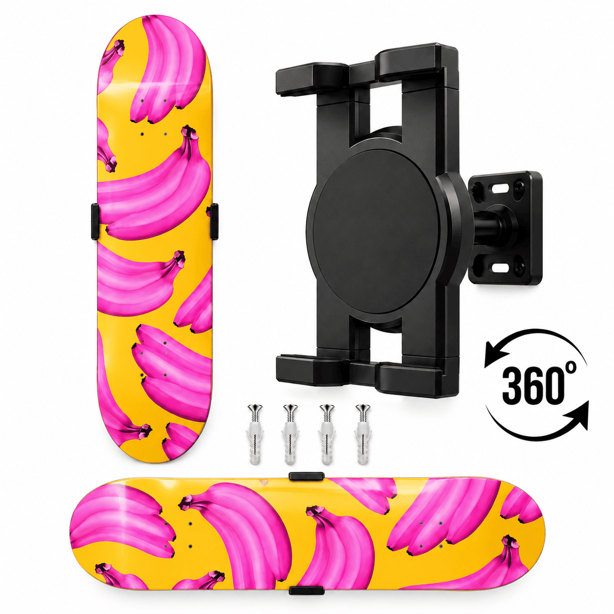 deckarts 360° rotating wall mount holding skateboard wall art on premium Canadian maple deck vertically and horizontally