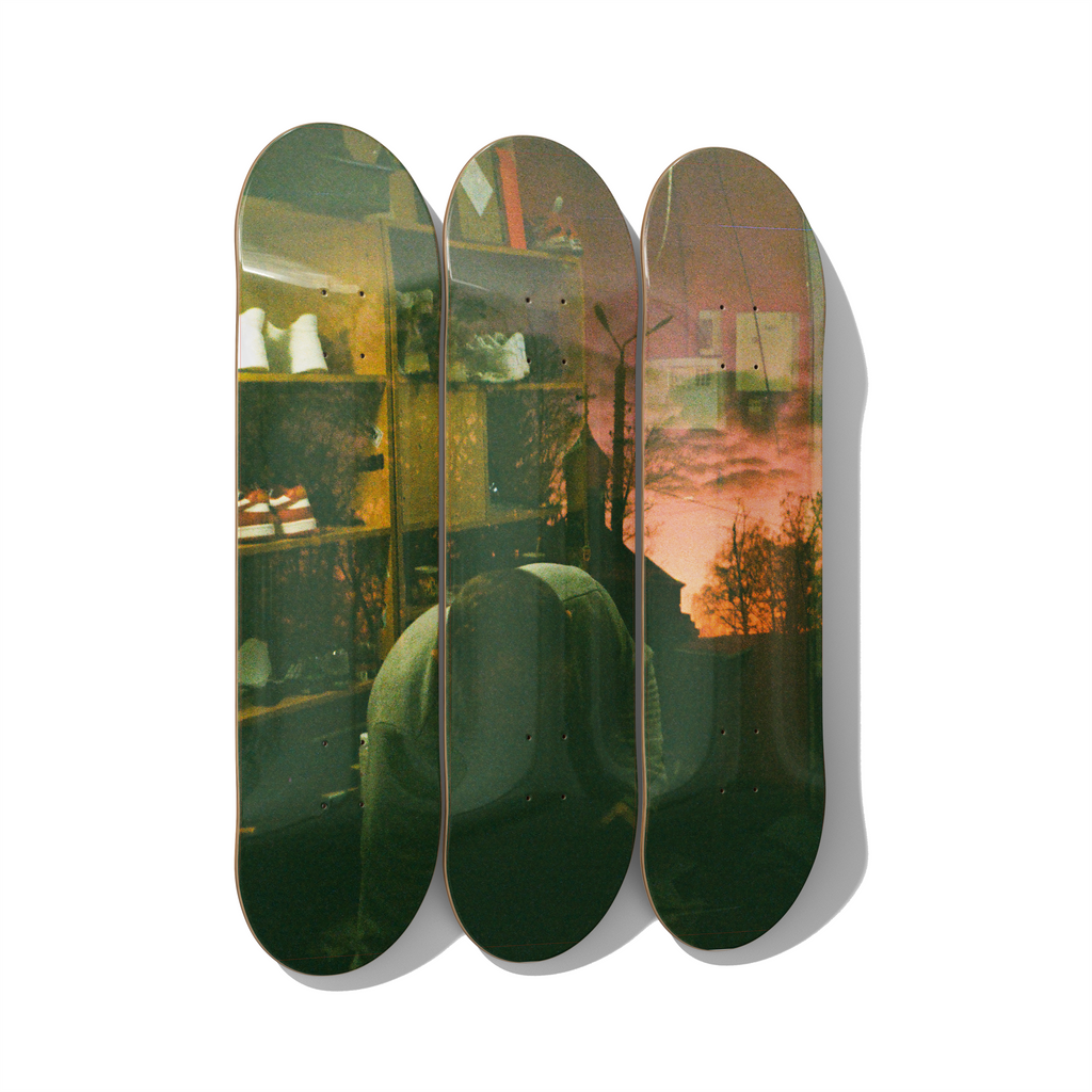 Local 42700 Okhtyrka winter courtyard street photography skateboard wall art on premium Canadian maple deck